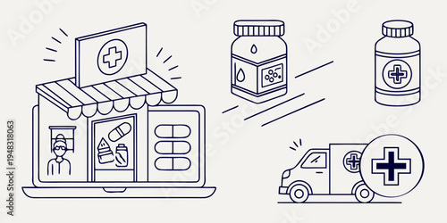 pharmacy delivery with medication and online order Vector