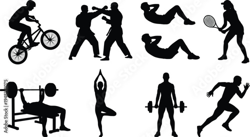 Sport activity silhouettes set, cycling boxing tennis yoga weightlifting running fitness training workout poses vector illustration collection