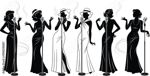 Vintage Silhouette Set of Female Singers with Retro Dresses and Microphones for Jazz and Performance Themes