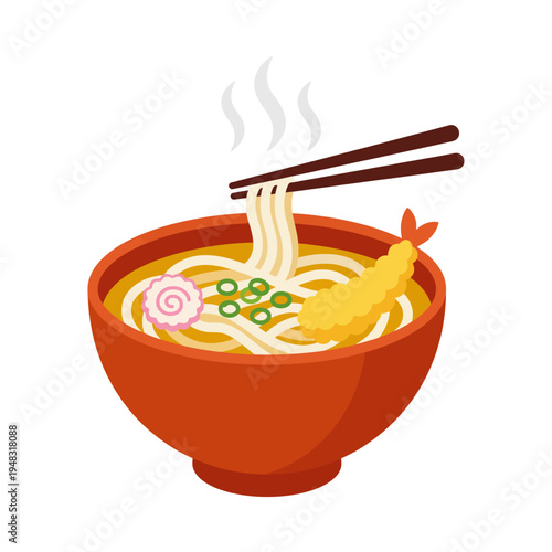 A scrumptious bowl of ramen noodles with various toppings, including shrimp tempura and fish cakes, giving an appetizing visual of traditional Japanese cuisine.