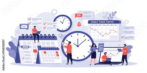 Business Time Management and Daily Task Planning Concept with Team Collaboration, Calendar Scheduling, Productivity Workflow, Deadline Control, and Office Project Organization Illustration