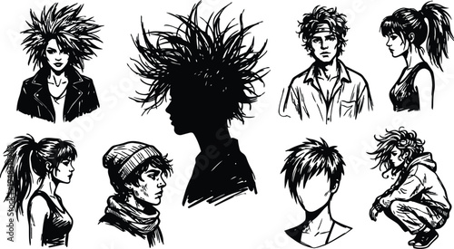 Tattoo flash ink portraits of punk and alternative youth profiles various angles side view close up silhouette mood edgy linework
