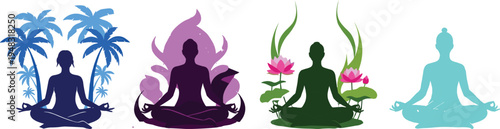 Vector illustration of yoga meditation silhouettes with lotus flowers palm trees and zen elements isolated on white background for wellness and mindfulness