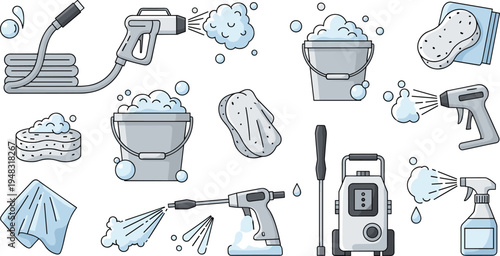 Car Wash and Cleaning Equipment Vector Illustration Set with Pressure Washer, Sponge, Spray Gun, Bucket and Foam Cleaning Tools