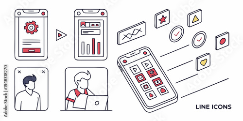 a diagram showing a mobile phone with various icons and graphs Vector