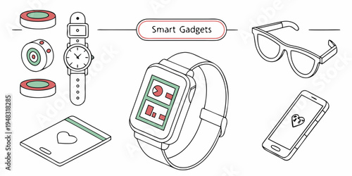 a smartwatch is shown with various accessories Vector
