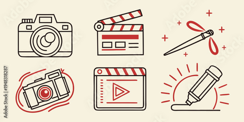 a set of film making icons with camera and tools Vector