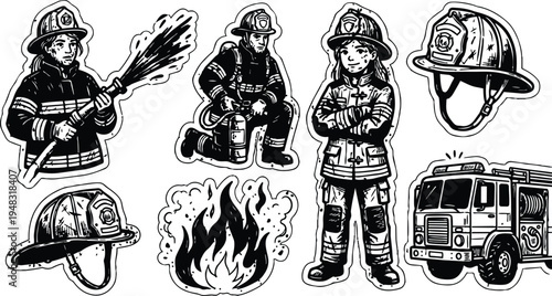 Tattoo flash sticker sheet hand drawn firefighters spraying hose kneeling standing with fire helmet fire truck and flames monochrome bold