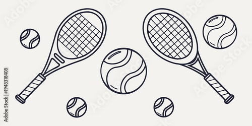 two tennis rackets and several tennis balls Vector