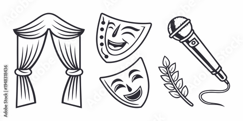 theatrical icons including curtains comedy masks and microphone Vector