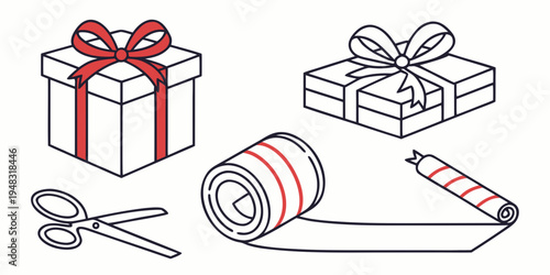 a set of gift wrapping objects including scissors Vector