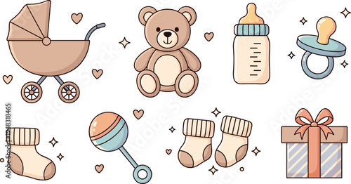 Baby Shower and Newborn Essentials Vector Illustration Set with Stroller, Teddy Bear, Baby Bottle, Pacifier, Rattle, Socks and Gift Box