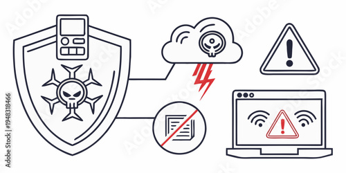 a shield with a cell phone and stars connected to a laptop and cloud with warning signs Vector