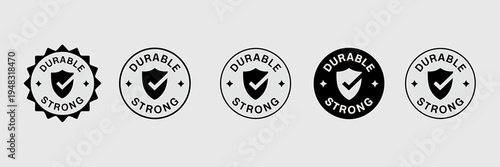 Durable strong guarantee icons with shield and checkmark symbols  security and quality labels