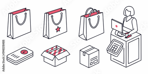 a collection of shopping bags and a cashier Vector
