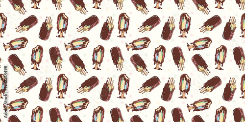 Seamless Pattern of Melting Chocolate Dipped Ice Cream Popsicles with Rainbow Filling on Off-White Polka Dot Background, Sweet Summer Dessert Vector