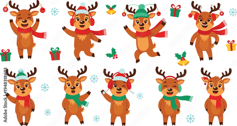 Obraz premium Cute Cartoon Reindeer Set with Christmas Accessories and Festive Expressions for Holiday and Winter Themes