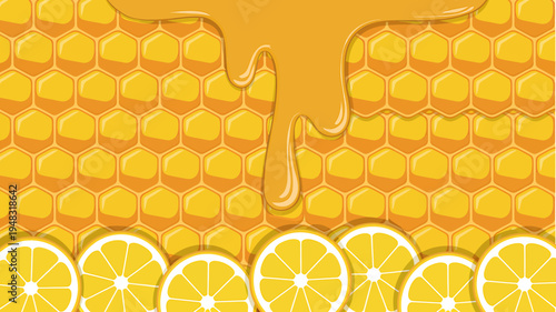 Honeycomb pattern with lemons and honey dripping down sweet food concept