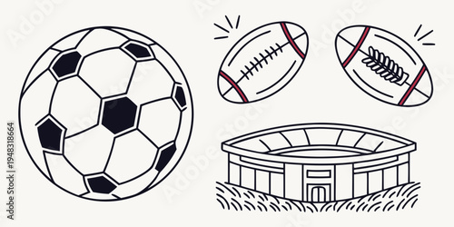 a soccer ball and rugby balls with a stadium Vector
