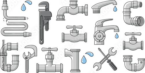 Plumbing Tools and Pipe System Line Icon Vector Set with Faucet, Wrench, Valve, Pipe Fittings and Water Repair Equipment