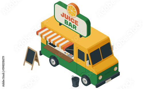 Colorful juice bar food truck with striped awning and sign isolated on white background