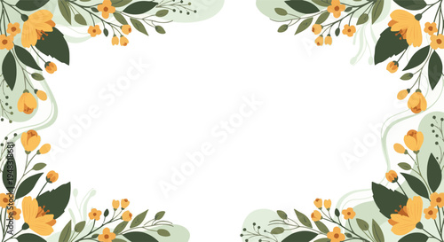 Vibrant yellow floral border with green leaves on a clean white background