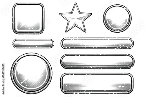 Glossy Silver Button Set, Metallic UI Elements for Game Design and Web Interface, Blank Chrome Frames and Badges on White Background.