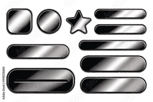Glossy Silver Button Set, Metallic UI Elements for Game Design and Web Interface, Blank Chrome Frames and Badges on White Background.