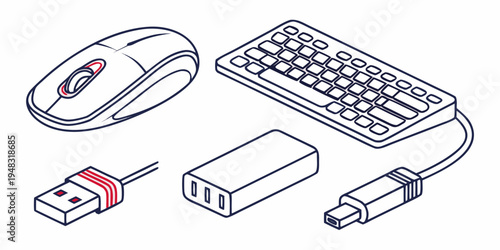 computer mouse, keyboard, and usb connector Vector