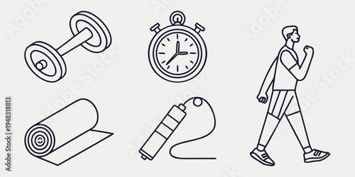 a set of fitness icons including a dumbbell and a man Vector