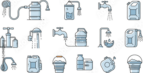 Water Supply and Storage Line Icon Vector Set with Faucet, Shower, Water Tank, Container, Canister and Plumbing Equipment Symbols