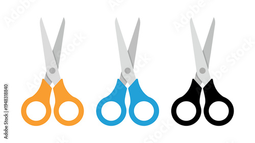 Three pairs of scissors with orange blue and black handles