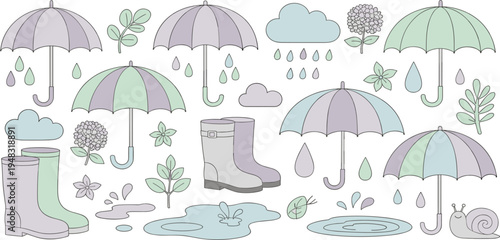 Rainy Season Vector Set with Umbrellas, Rain Boots, Clouds, Puddles, and Weather Elements for Autumn Design, Kids Illustration, Stickers, and Seasonal Projects
