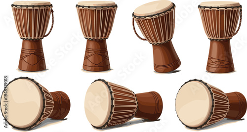 Hand-Drawn Djembe Drum Set in Different Angles and Poses, Featuring Traditional African Percussion Instruments