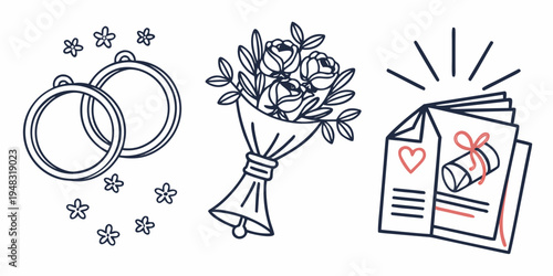 wedding rings bouquet and marriage certificate Vector