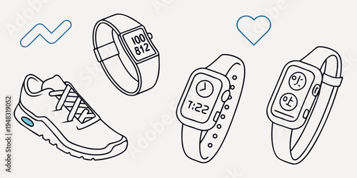 a drawing of a sports shoe and smartwatches Vector