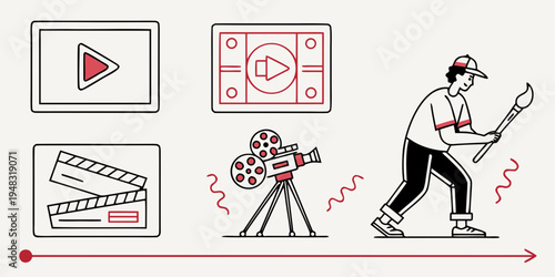 a man operating a film camera and holding a clapperboard Vector