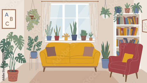 Cozy living room interior with yellow couch and many potted plants