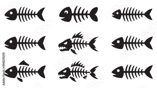 Stylized Fish Skeleton Silhouette Icons with Angry Expressions