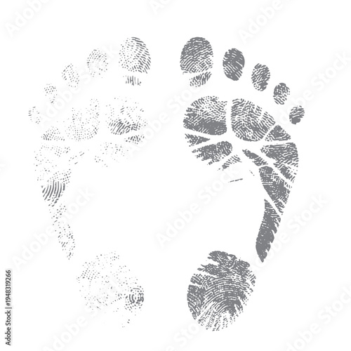 Baby footprint ink stamp vector, isolated gray textured feet prints. Grunge human footprints illustration, textured walk path symbol on white.