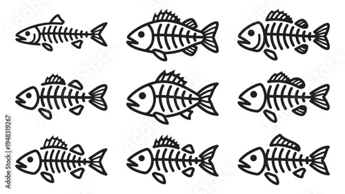 Set of Minimalist Fish Skeleton Outline Icons