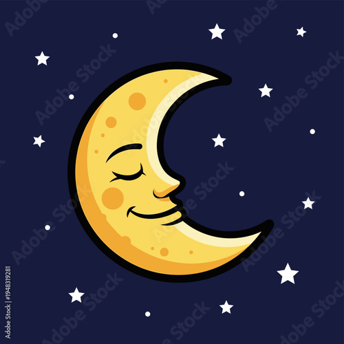 Smiling Crescent Moon Cartoon Illustration.