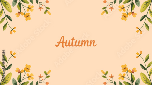 Autumn theme with yellow flowers and green leaves on peach background