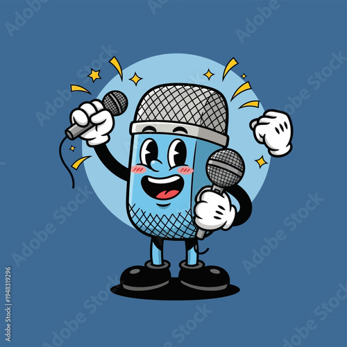 Retro cartoon microphone character holding two microphones and smiling.
