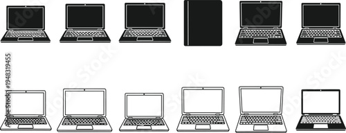 Cad drawing flat vector illustration of laptop computer icons featuring various models in black silhouette and line art for technology design.