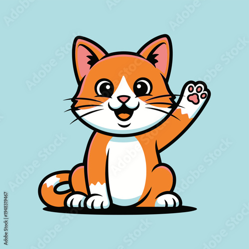 Adorable orange and white cartoon cat waving hello with a happy expression.