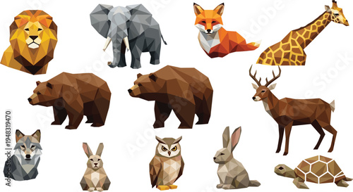Low Poly Wild Animals Vector Illustration Set Featuring Lion, Elephant, Fox, Giraffe, Bear, Deer, Wolf, Owl, Rabbit, and Turtle in Geometric Style.