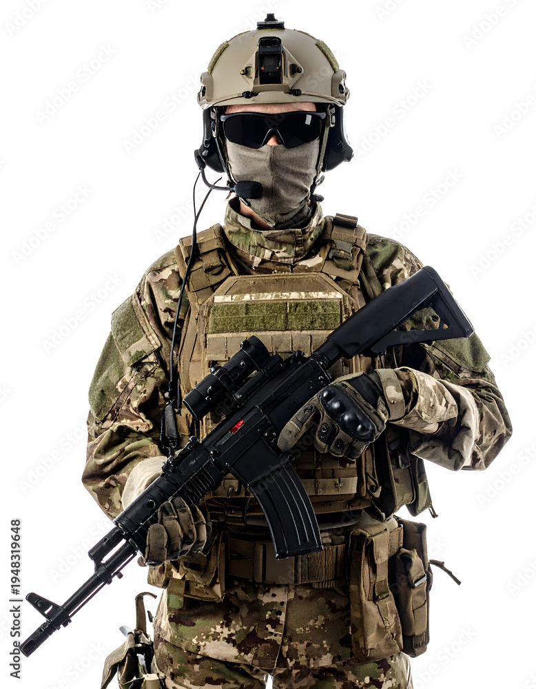 Fototapeta premium Armed Forces Personnel in Camouflage with Assault Rifle Portrait 