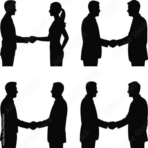 Four Silhouettes of People Shaking Hands in Business Settings handshake