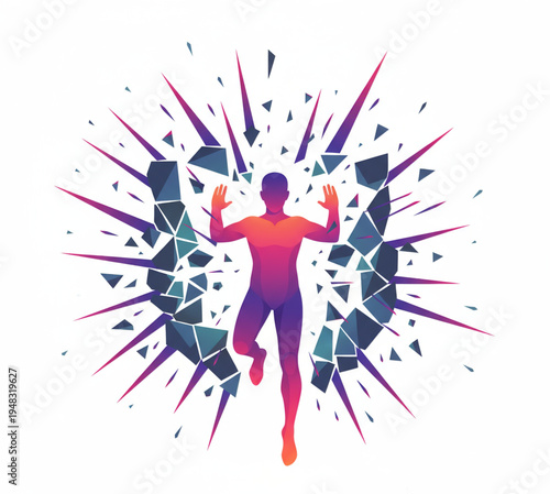 Illustration of a person breaking through a wall of geometric shapes, symbolizing overcoming challenges and achieving goals
